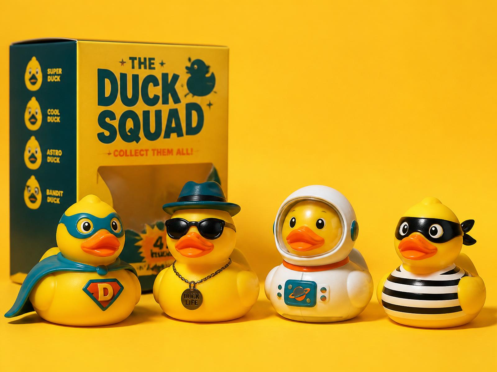 The Pato Duck squad — superhero, sunglasses, astronaut and bandit ducks lined up in front of a Duck Squad blind-box