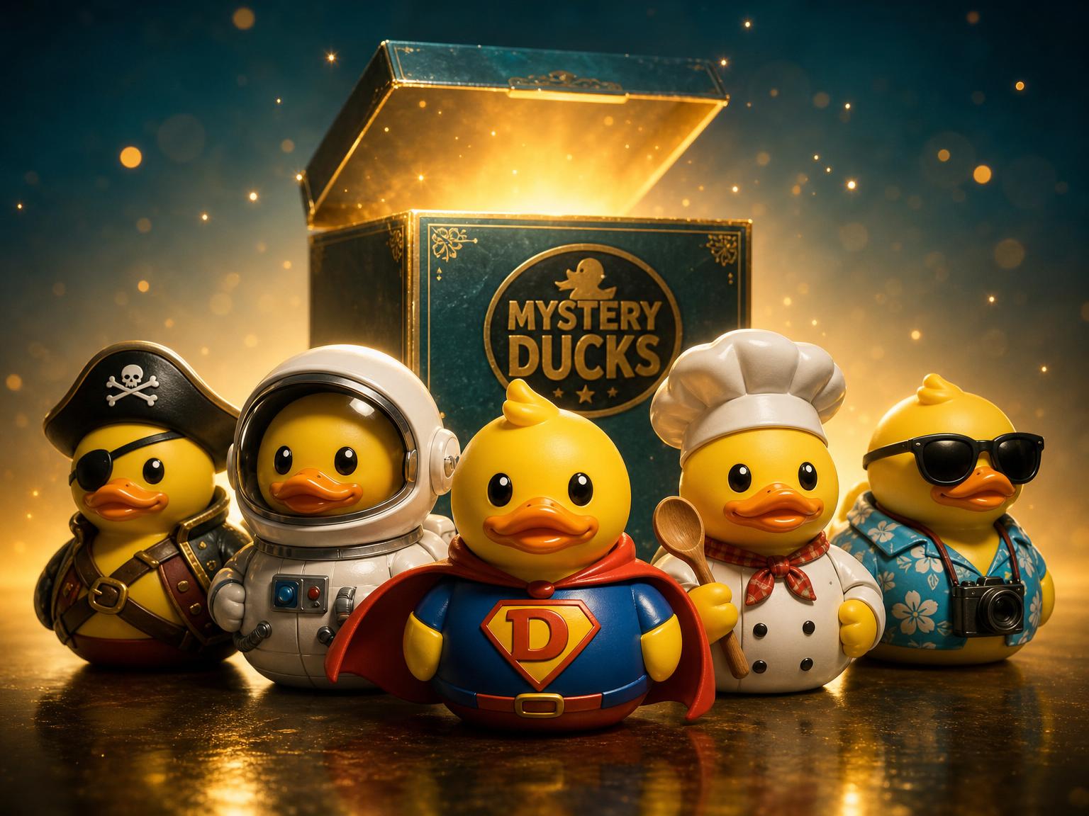 The Pato Duck Mystery Squad — superhero, astronaut, pirate, chef, and beach-vacation ducks lined up in front of a glowing Mystery Ducks box